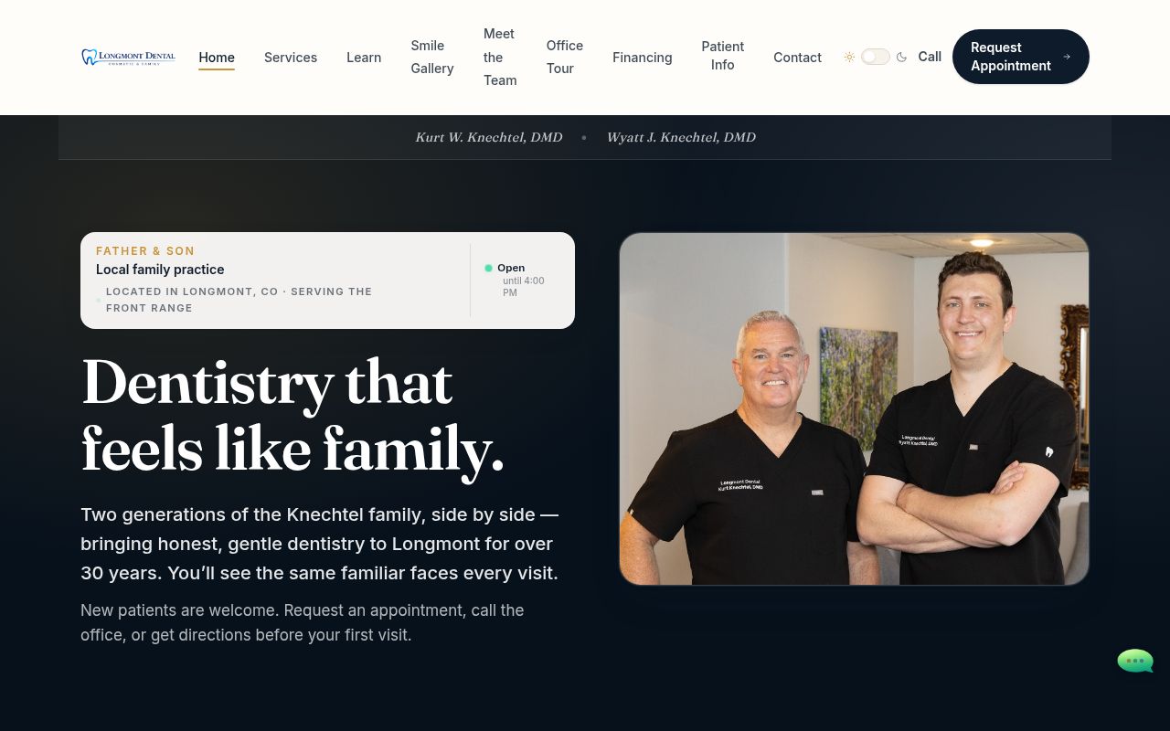 Homepage of the redesigned Longmont Dental website, showing the headline 'Dentistry that feels like family' next to a photo of the two dentists